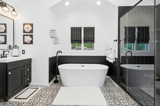11 Putnam Ave, Berkeley Heights Twp, NJ 07922 - full bathroom featuring vanity, vaulted ceiling, a soaking tub, a stall shower, and recessed lighting