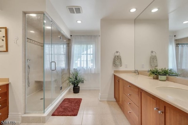 20 Pinehurst Dr, Washington Twp, NJ 07882 - bathroom featuring double vanity, a stall shower, tile patterned floors, baseboards, and recessed lighting
