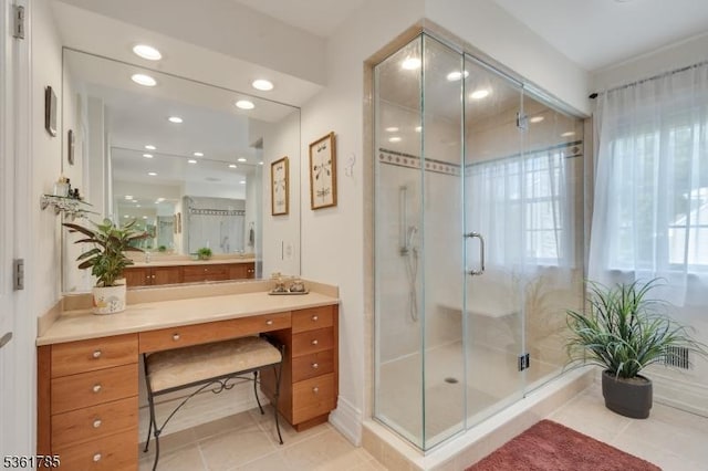 20 Pinehurst Dr, Washington Twp, NJ 07882 - full bath featuring vanity, a shower stall, tile patterned flooring, and recessed lighting