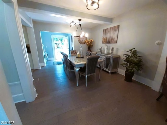 336 E 41st St, Paterson City, NJ 07504 - dining space with a chandelier, dark wood finished floors, baseboards, and beamed ceiling