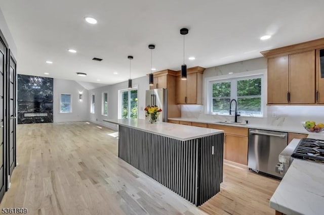 23 Meadow Ln, Sparta Twp, NJ 07871 - kitchen featuring appliances with stainless steel finishes, light wood-style flooring, healthy amount of natural light, recessed lighting, and hanging light fixtures