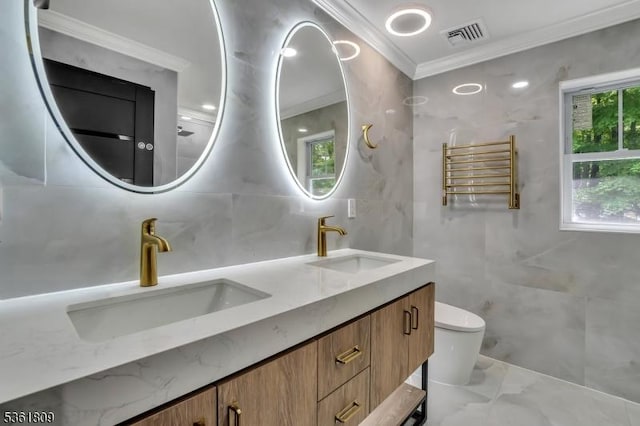 23 Meadow Ln, Sparta Twp, NJ 07871 - full bathroom featuring ornamental molding, marble finish floors, a towel warmer, double vanity, and radiator