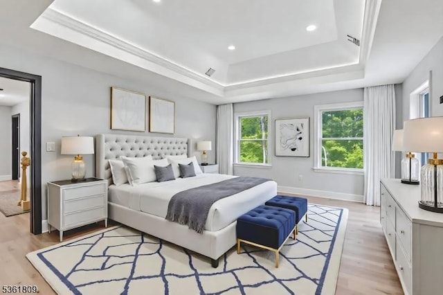 23 Meadow Ln, Sparta Twp, NJ 07871 - bedroom featuring a raised ceiling, light wood-style floors, and recessed lighting
