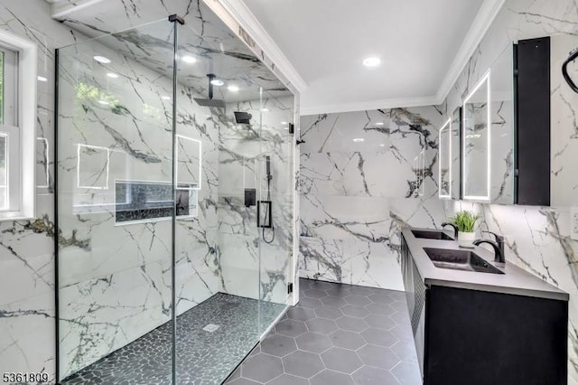 23 Meadow Ln, Sparta Twp, NJ 07871 - bathroom with a marble finish shower, double vanity, stone wall, ornamental molding, and tile patterned floors