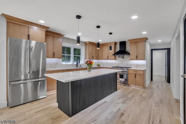 23 Meadow Ln, Sparta Twp, NJ 07871 - kitchen featuring premium appliances, wall chimney exhaust hood, light countertops, light wood finished floors, and tasteful backsplash