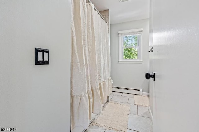 80 Cedar Tree Dr, Vernon Twp, NJ 07422 - bathroom featuring a baseboard radiator, tile patterned floors, and a shower with curtain