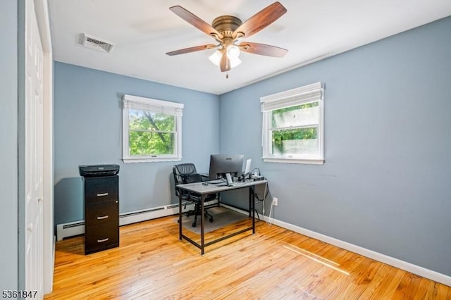80 Cedar Tree Dr, Vernon Twp, NJ 07422 - office space featuring ceiling fan, wood finished floors, a baseboard heating unit, and baseboards