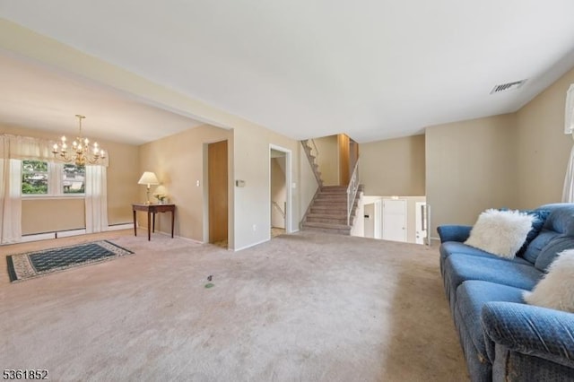 578 Winchester Ave, Union Twp, NJ 07083 - living room featuring stairs, carpet floors, a chandelier, and baseboards