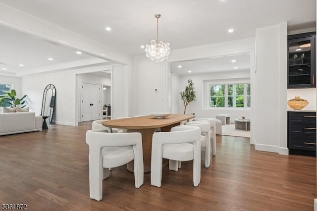 107 Rutland Rd, Glen Rock Boro, NJ 07452 - dining space with dark wood-type flooring, a chandelier, recessed lighting, and baseboards