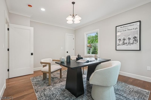 107 Rutland Rd, Glen Rock Boro, NJ 07452 - office area featuring a chandelier, baseboards, wood finished floors, crown molding, and recessed lighting