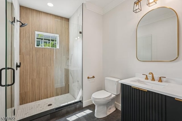 107 Rutland Rd, Glen Rock Boro, NJ 07452 - bathroom with toilet, vanity, a shower stall, baseboards, and crown molding