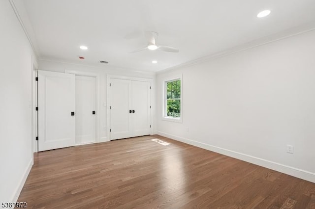 107 Rutland Rd, Glen Rock Boro, NJ 07452 - unfurnished bedroom featuring ornamental molding, baseboards, wood finished floors, recessed lighting, and a ceiling fan