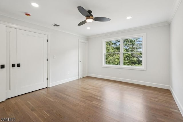 107 Rutland Rd, Glen Rock Boro, NJ 07452 - unfurnished bedroom featuring crown molding, baseboards, wood finished floors, recessed lighting, and ceiling fan