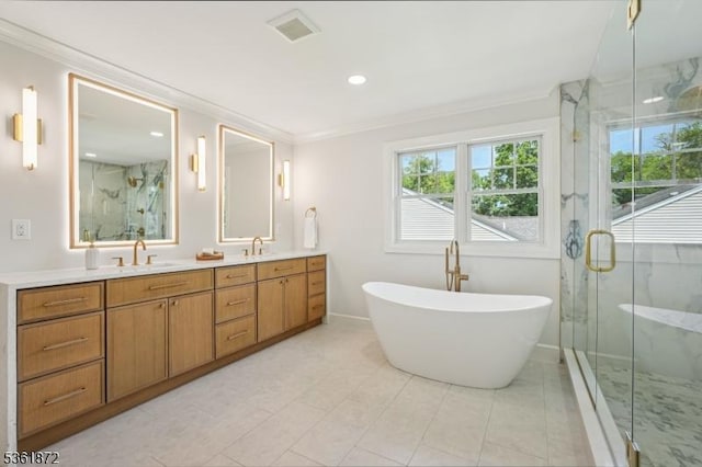 107 Rutland Rd, Glen Rock Boro, NJ 07452 - full bath featuring a marble finish shower, double vanity, crown molding, a freestanding tub, and baseboards