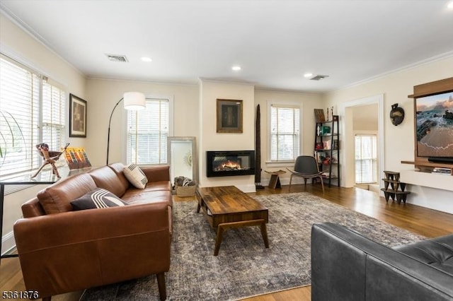 15 Yantecaw Ave, Bloomfield Twp, NJ 07003 - living room with ornamental molding, plenty of natural light, wood finished floors, and a glass covered fireplace