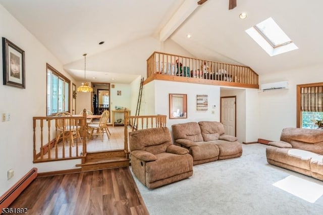 18 Mitchell Ave, Roseland Boro, NJ 07068 - living area featuring a baseboard radiator, a wall mounted air conditioner, healthy amount of natural light, high vaulted ceiling, and wood finished floors