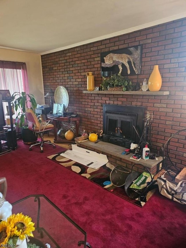 2 Crestview Ave Unit 1, Union Twp, NJ 07088 - carpeted living area with crown molding, a brick fireplace, and brick wall