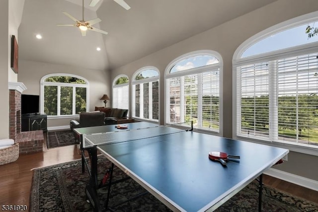 52 Independence Dr, Bernards Twp, NJ 07920 - game room featuring wood finished floors, a ceiling fan, vaulted ceiling, recessed lighting, and baseboards