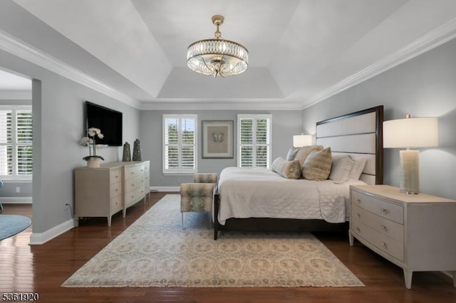 52 Independence Dr, Bernards Twp, NJ 07920 - bedroom featuring a raised ceiling, baseboards, a chandelier, dark wood-type flooring, and crown molding