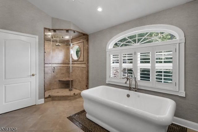 52 Independence Dr, Bernards Twp, NJ 07920 - bathroom featuring a stall shower, baseboards, vaulted ceiling, tile patterned floors, and a freestanding bath