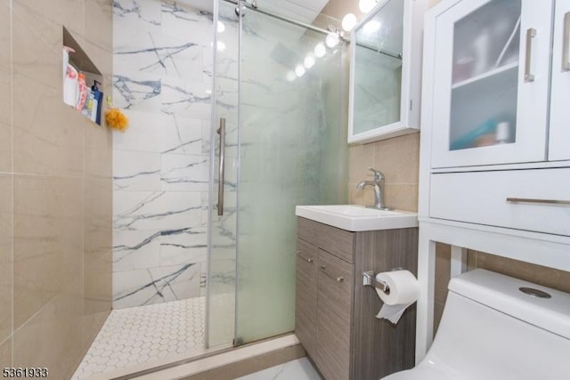 30 Filbert Ln, Union Twp, NJ 07083 - full bathroom featuring a marble finish shower, vanity, toilet, and tile walls