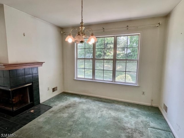 55 Weatherhill Rd, Hamburg Boro, NJ 07419 - unfurnished living room featuring carpet, a tile fireplace, a chandelier, and baseboards
