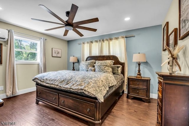 172 Ferry Rd, Delaware Twp, NJ 08822 - bedroom featuring dark wood-style floors, recessed lighting, ceiling fan, and an AC wall unit