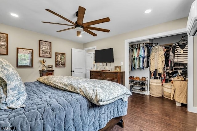 172 Ferry Rd, Delaware Twp, NJ 08822 - bedroom featuring dark wood-style floors, recessed lighting, a ceiling fan, a wall unit AC, and a closet