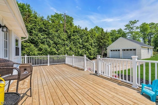 172 Ferry Rd, Delaware Twp, NJ 08822 - wooden terrace with a garage, an outbuilding, and view of wooded area