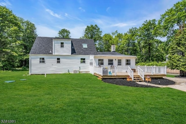172 Ferry Rd, Delaware Twp, NJ 08822 - rear view of house featuring a wooden deck, a lawn, a chimney, and roof with shingles
