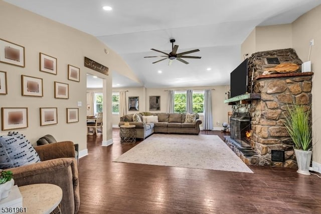 172 Ferry Rd, Delaware Twp, NJ 08822 - living area featuring a fireplace, ceiling fan, lofted ceiling, and dark wood-type flooring