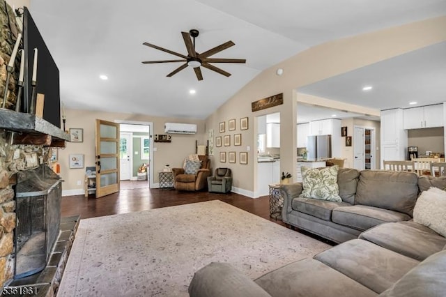 172 Ferry Rd, Delaware Twp, NJ 08822 - living room featuring a wall mounted air conditioner, a ceiling fan, a fireplace, dark wood-style floors, and lofted ceiling