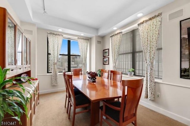 111 Mulberry St Unit Sky, Newark City, NJ 07102 - dining space featuring light carpet, baseboards, recessed lighting, and a raised ceiling