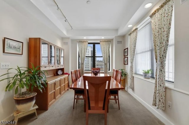 111 Mulberry St Unit Sky, Newark City, NJ 07102 - dining space featuring rail lighting, light colored carpet, recessed lighting, and baseboards