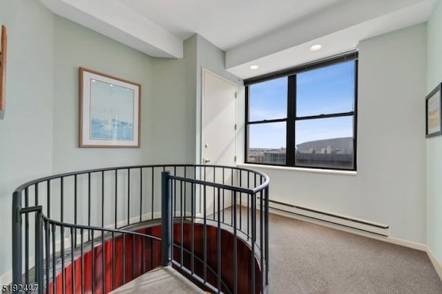 111 Mulberry St Unit Sky, Newark City, NJ 07102 - stairway with a baseboard heating unit, carpet flooring, recessed lighting, and baseboards