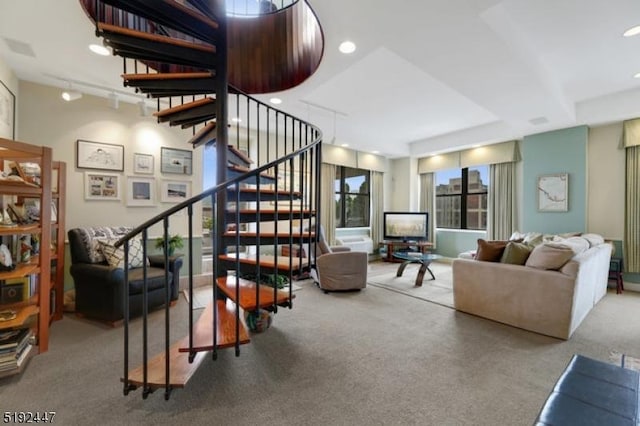 111 Mulberry St Unit Sky, Newark City, NJ 07102 - living area featuring carpet flooring, stairway, and recessed lighting