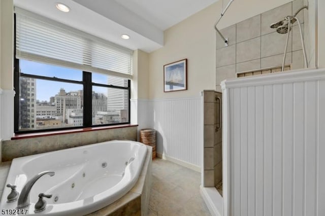 111 Mulberry St Unit Sky, Newark City, NJ 07102 - bathroom featuring a whirlpool tub, a shower stall, a wainscoted wall, recessed lighting, and a view of city