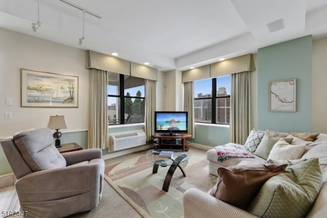 111 Mulberry St Unit Sky, Newark City, NJ 07102 - carpeted living room with recessed lighting, a wall mounted air conditioner, and baseboards