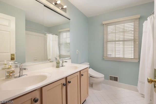 7 Watchung Dr, Bernards Twp, NJ 07920 - full bathroom featuring toilet, double vanity, tile patterned floors, baseboards, and a shower with curtain