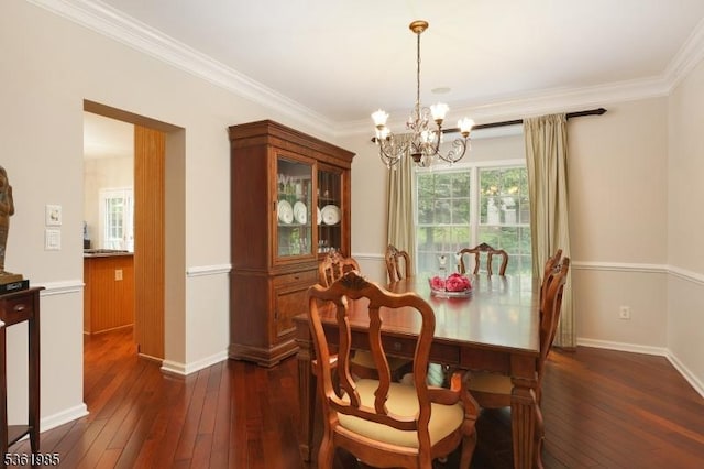 7 Watchung Dr, Bernards Twp, NJ 07920 - dining space with a chandelier, dark wood-style floors, ornamental molding, and baseboards