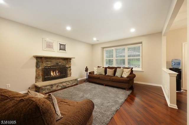 7 Watchung Dr, Bernards Twp, NJ 07920 - living area with wood finished floors, a stone fireplace, recessed lighting, and baseboards