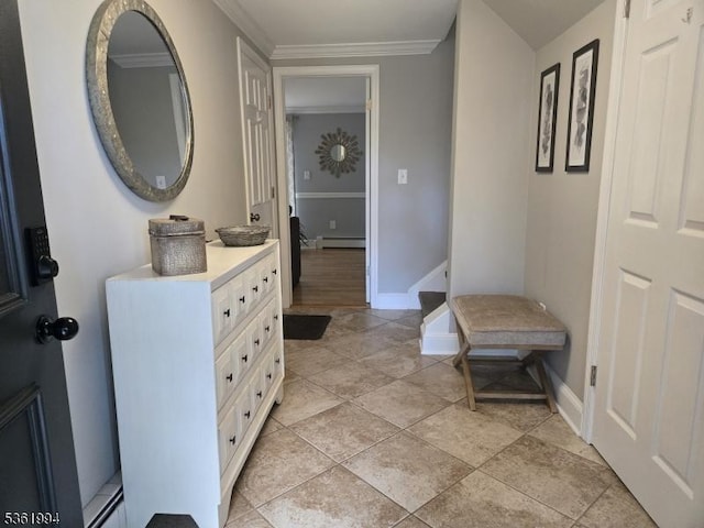 38 Weldon Rd, Jefferson Twp, NJ 07849 - corridor featuring a baseboard radiator, ornamental molding, and light tile patterned floors