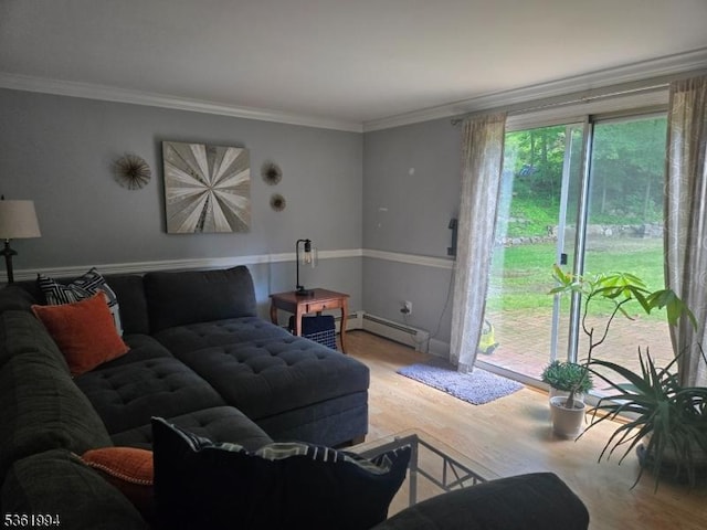 38 Weldon Rd, Jefferson Twp, NJ 07849 - living area with baseboard heating, wood finished floors, and ornamental molding