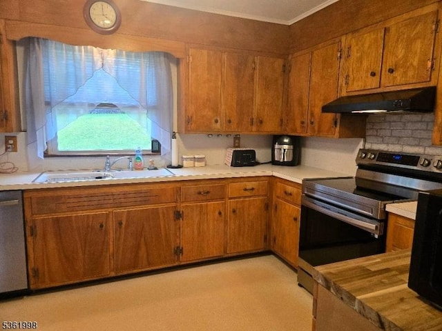 355 State Route 94, Fredon Twp, NJ 07860 - kitchen with appliances with stainless steel finishes, under cabinet range hood, ornamental molding, decorative backsplash, and light countertops