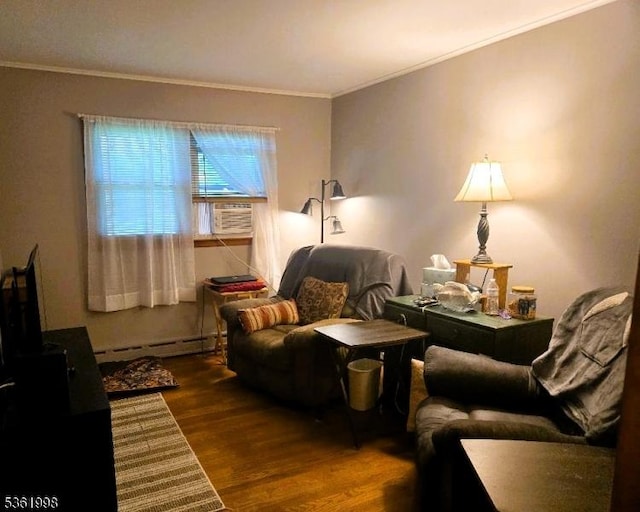 355 State Route 94, Fredon Twp, NJ 07860 - living area featuring a baseboard heating unit, wood finished floors, ornamental molding, and cooling unit
