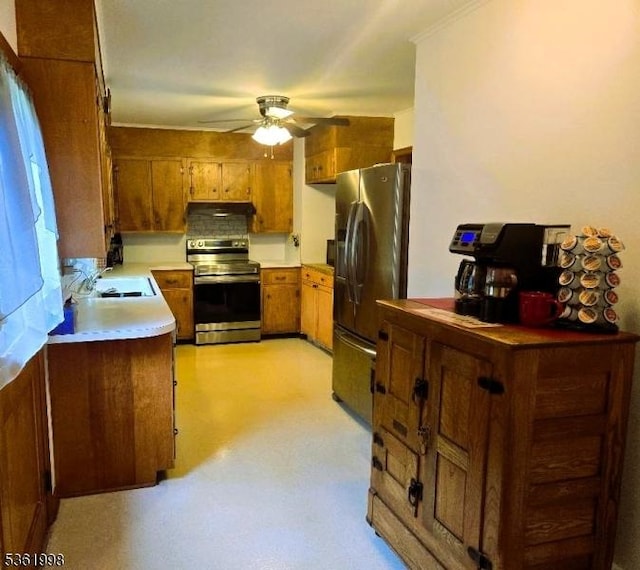 355 State Route 94, Fredon Twp, NJ 07860 - kitchen featuring appliances with stainless steel finishes, ceiling fan, brown cabinets, light countertops, and under cabinet range hood