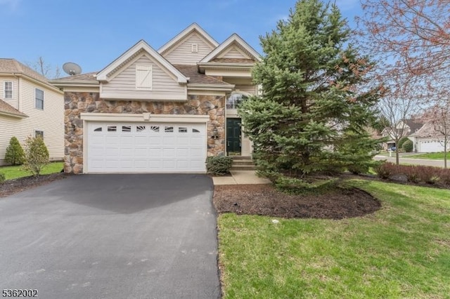 2 Moore Dr, Raritan Twp, NJ 08822 - view of front facade featuring stone siding, driveway, a garage, and a front yard