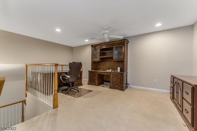 2 Moore Dr, Raritan Twp, NJ 08822 - home office featuring ceiling fan, light carpet, baseboards, and recessed lighting