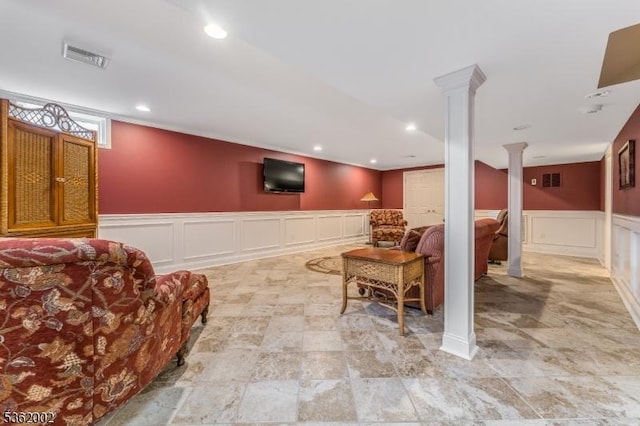 2 Moore Dr, Raritan Twp, NJ 08822 - living area with ornate columns, a decorative wall, a wainscoted wall, and recessed lighting