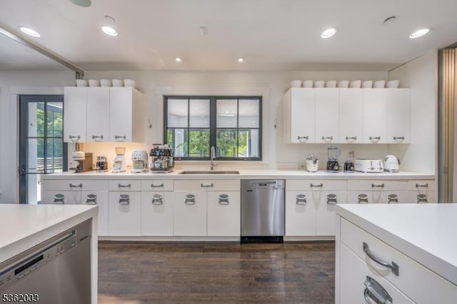 60 Fernwood Rd, Summit City, NJ 07901 - kitchen featuring stainless steel dishwasher, a sink, dark wood-type flooring, light countertops, and recessed lighting